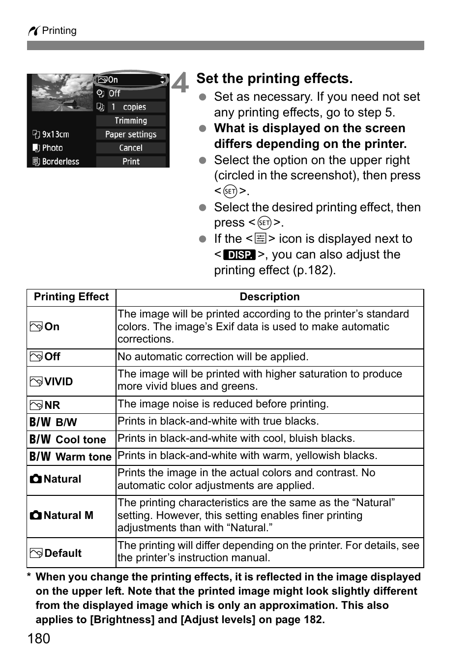 Set the printing effects | Canon 550D User Manual | Page 180 / 260