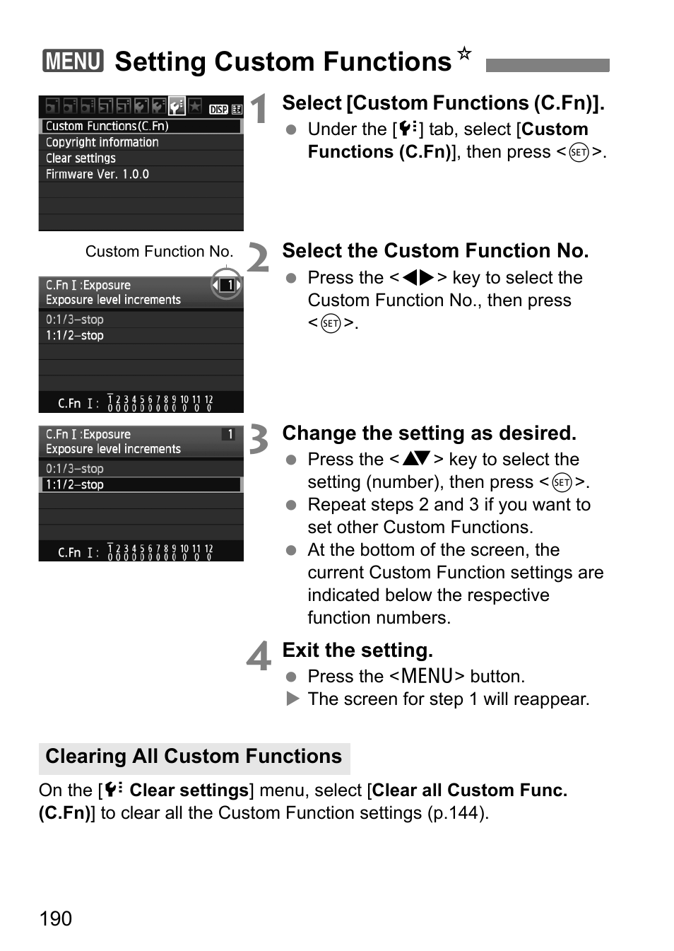 3setting custom functions n | Canon 550D User Manual | Page 190 / 260