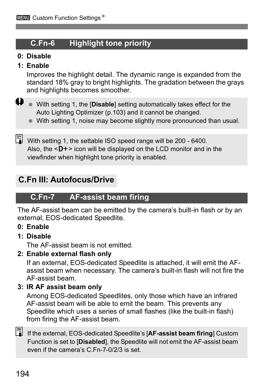 C.fn iii: autofocus/drive | Canon 550D User Manual | Page 194 / 260