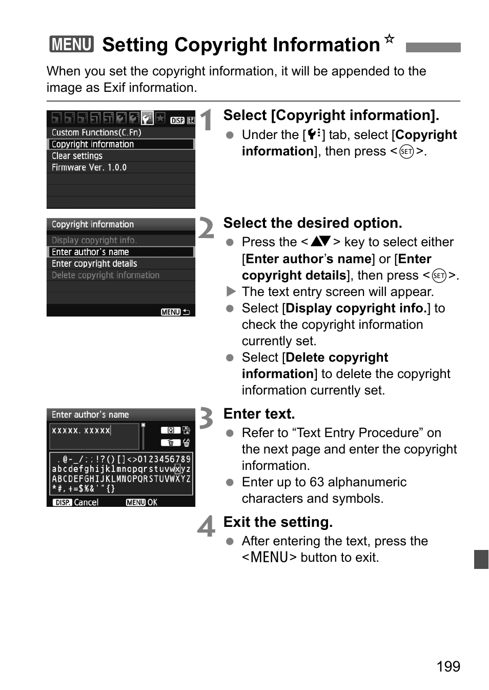 3setting copyright information n | Canon 550D User Manual | Page 199 / 260