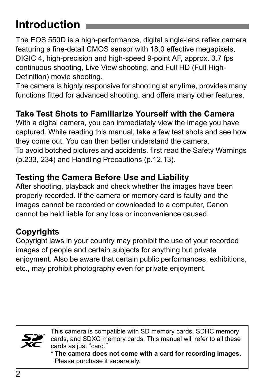 Introduction | Canon 550D User Manual | Page 2 / 260