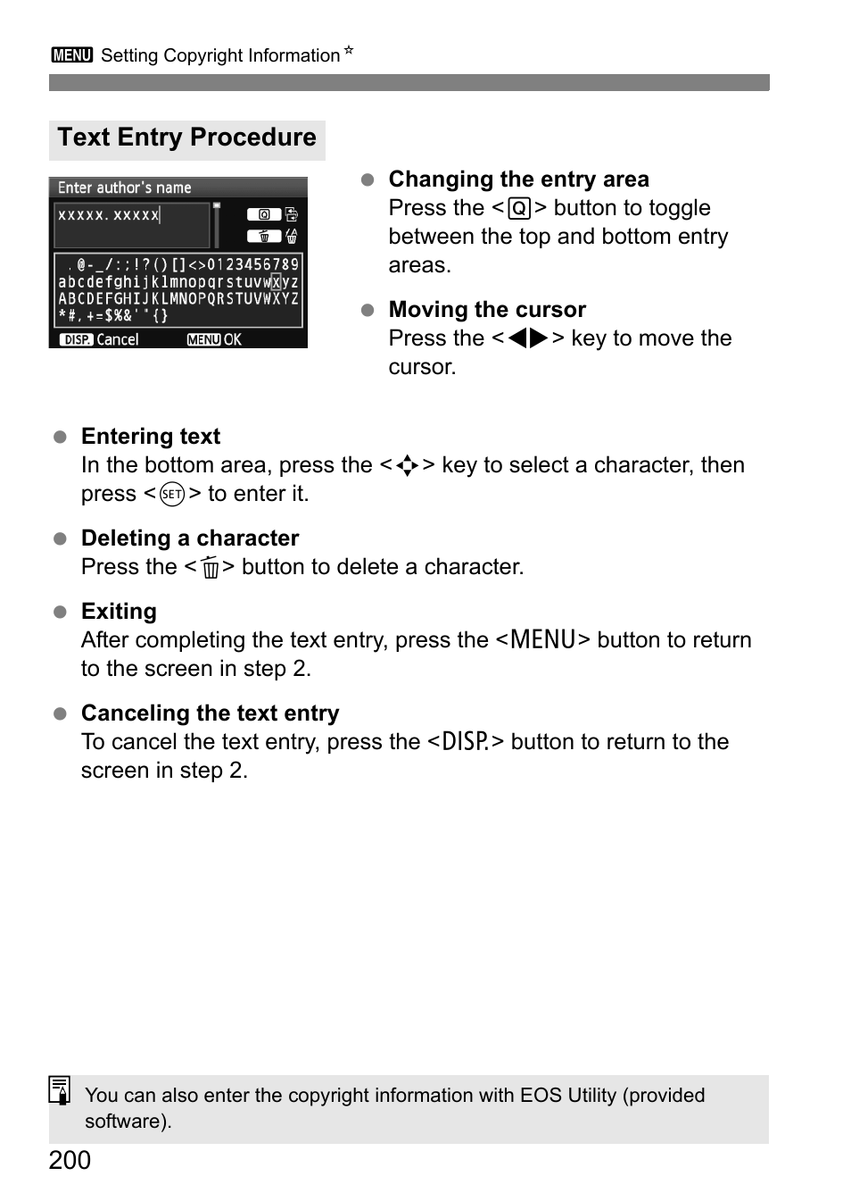 Text entry procedure | Canon 550D User Manual | Page 200 / 260