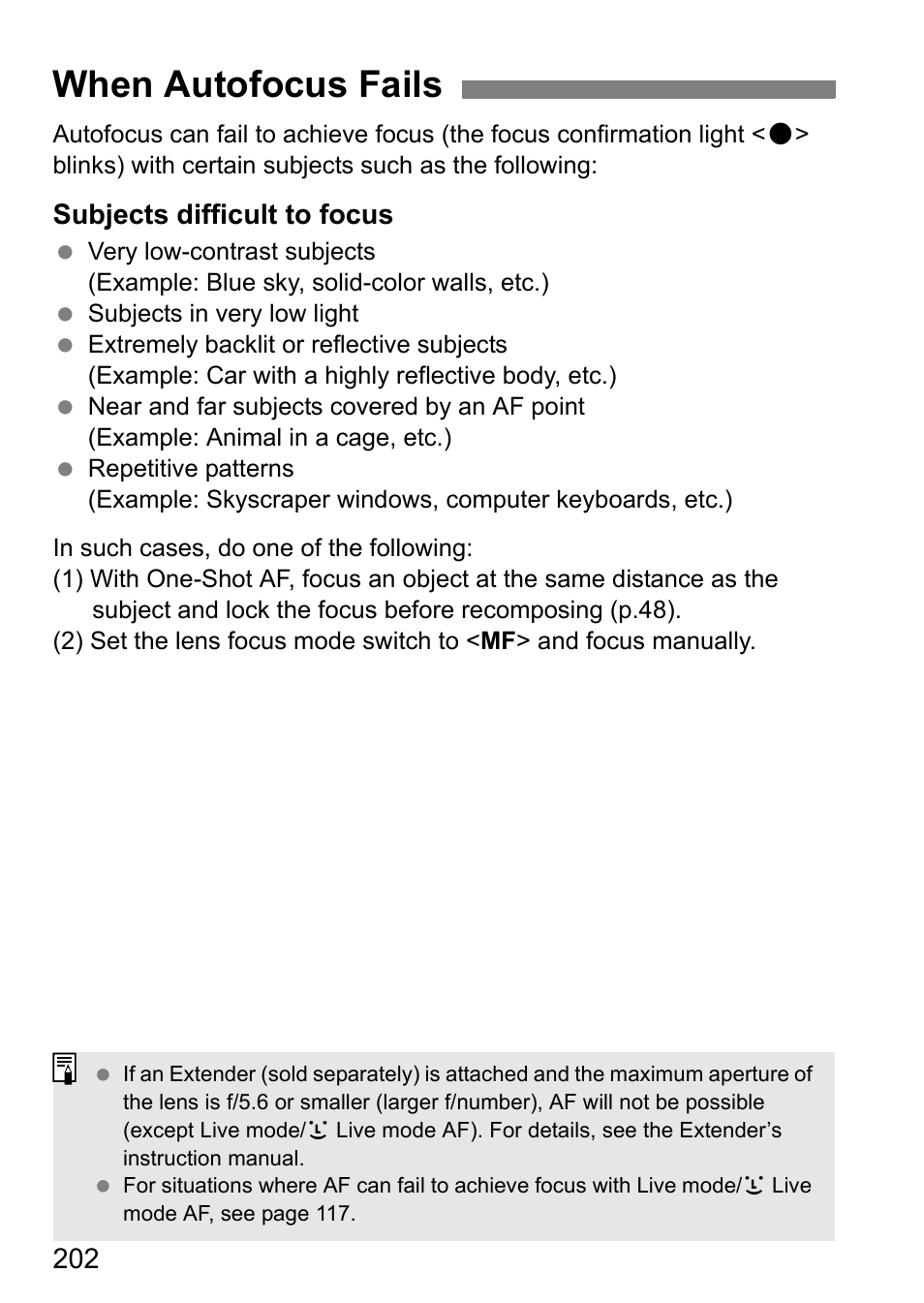When autofocus fails, Subjects difficult to focus | Canon 550D User Manual | Page 202 / 260