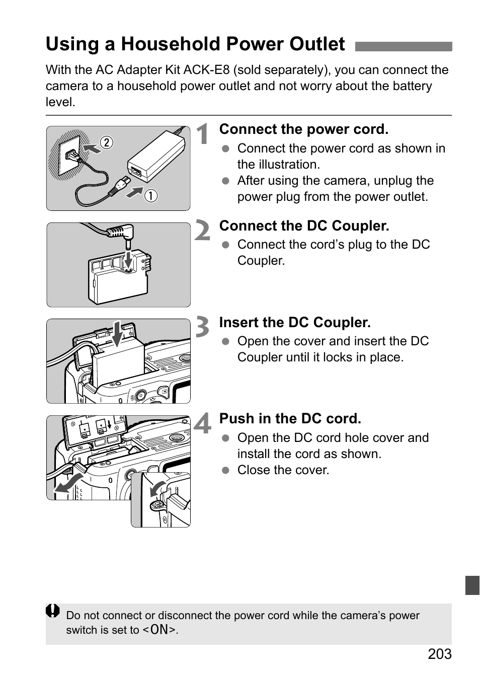 Using a household power outlet | Canon 550D User Manual | Page 203 / 260