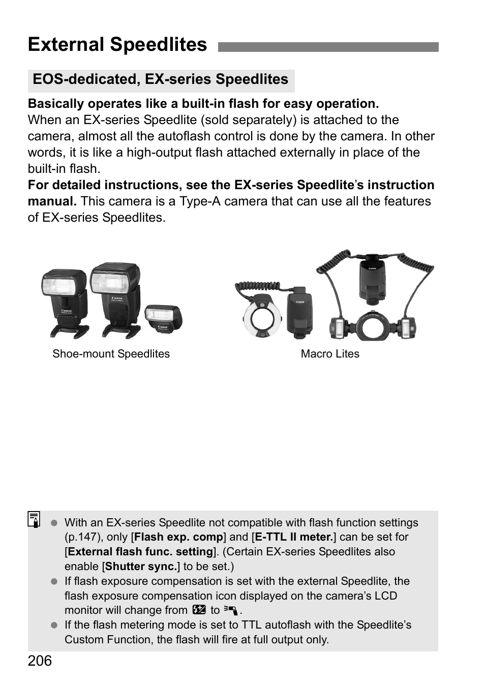 External speedlites, Eos-dedicated, ex-series speedlites | Canon 550D User Manual | Page 206 / 260