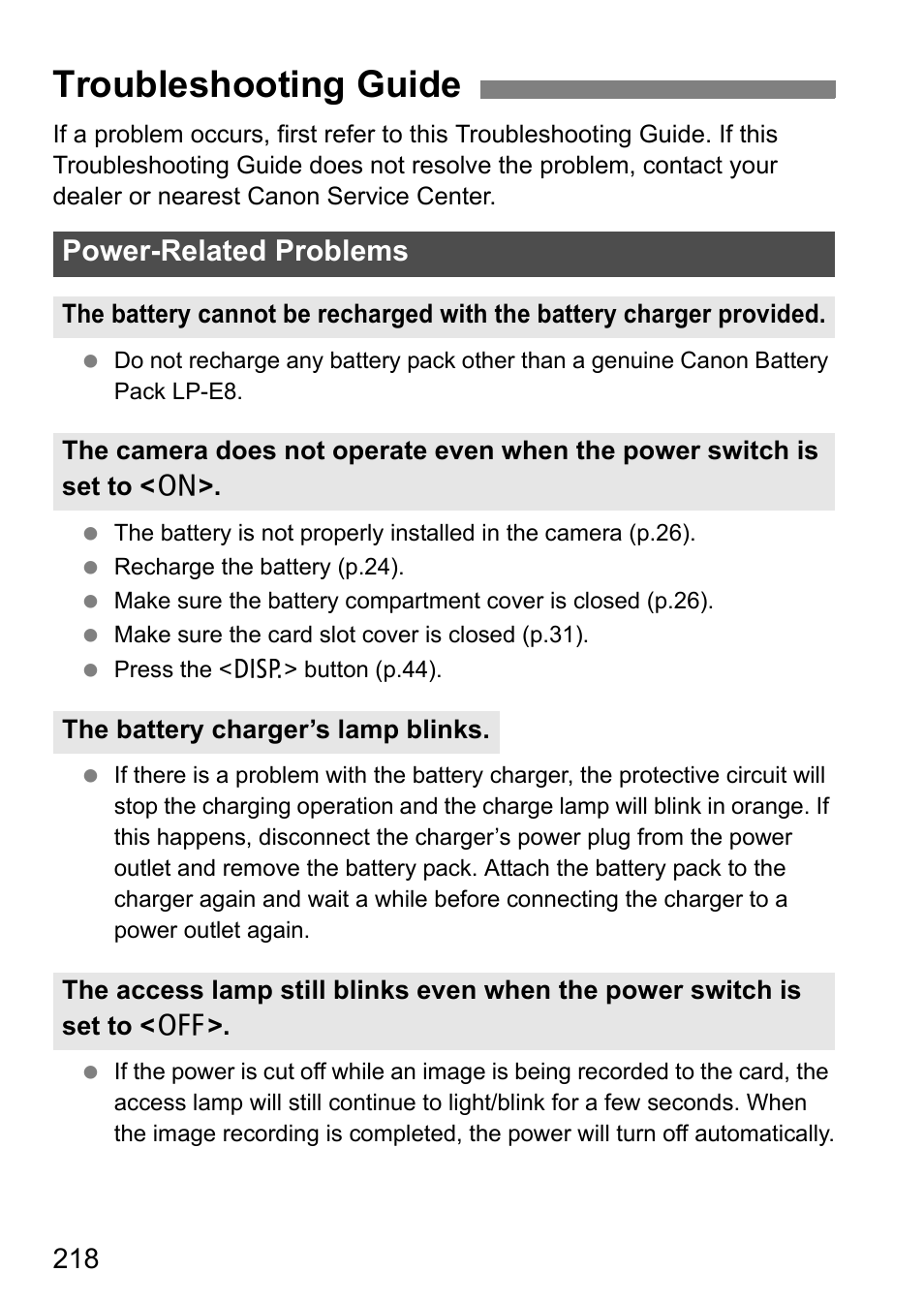 Troubleshooting guide, Power-related problems | Canon 550D User Manual | Page 218 / 260