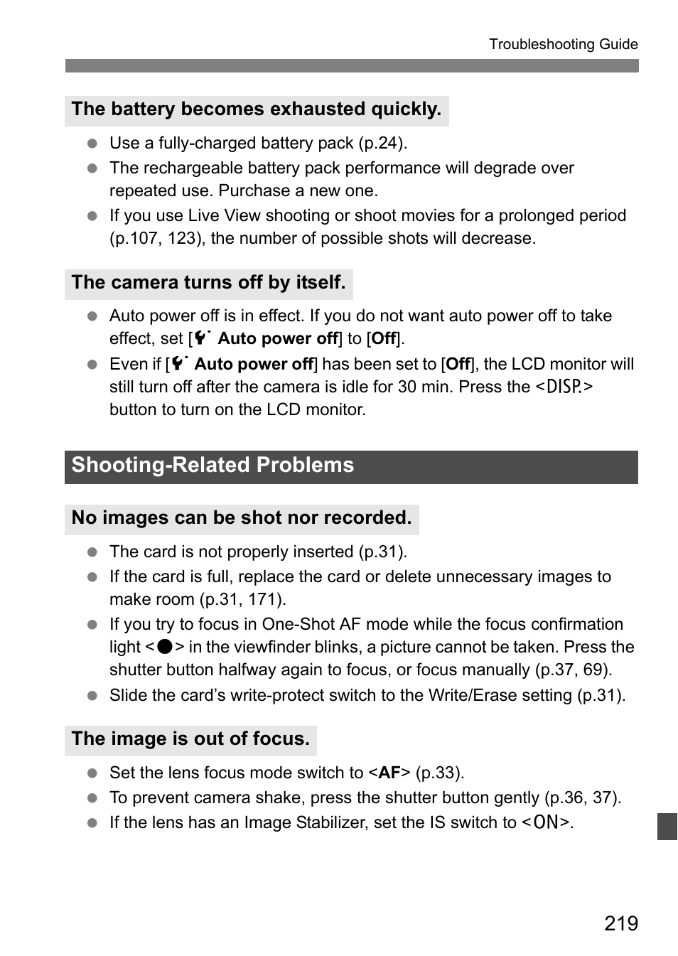 Shooting-related problems | Canon 550D User Manual | Page 219 / 260
