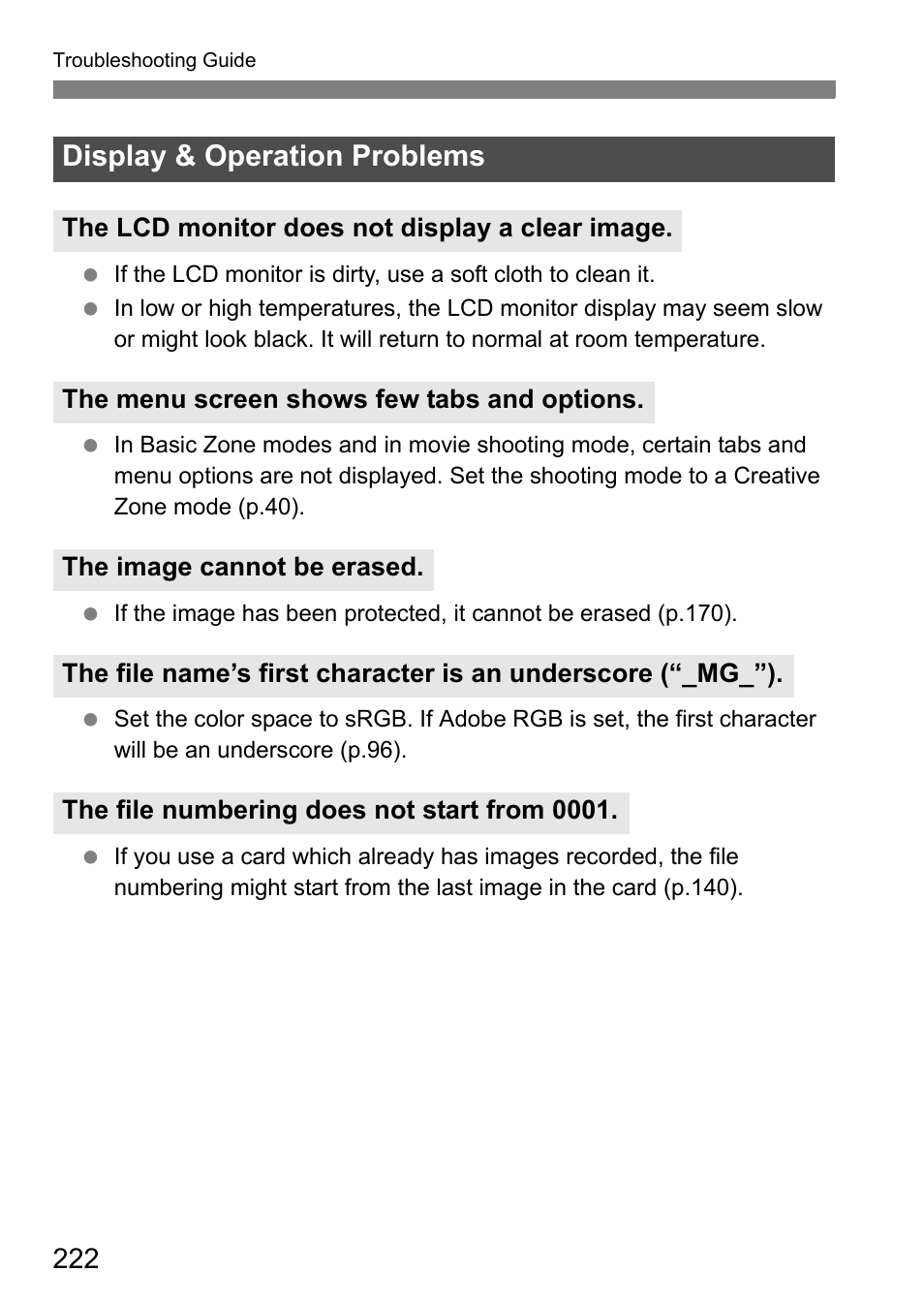 Display & operation problems | Canon 550D User Manual | Page 222 / 260