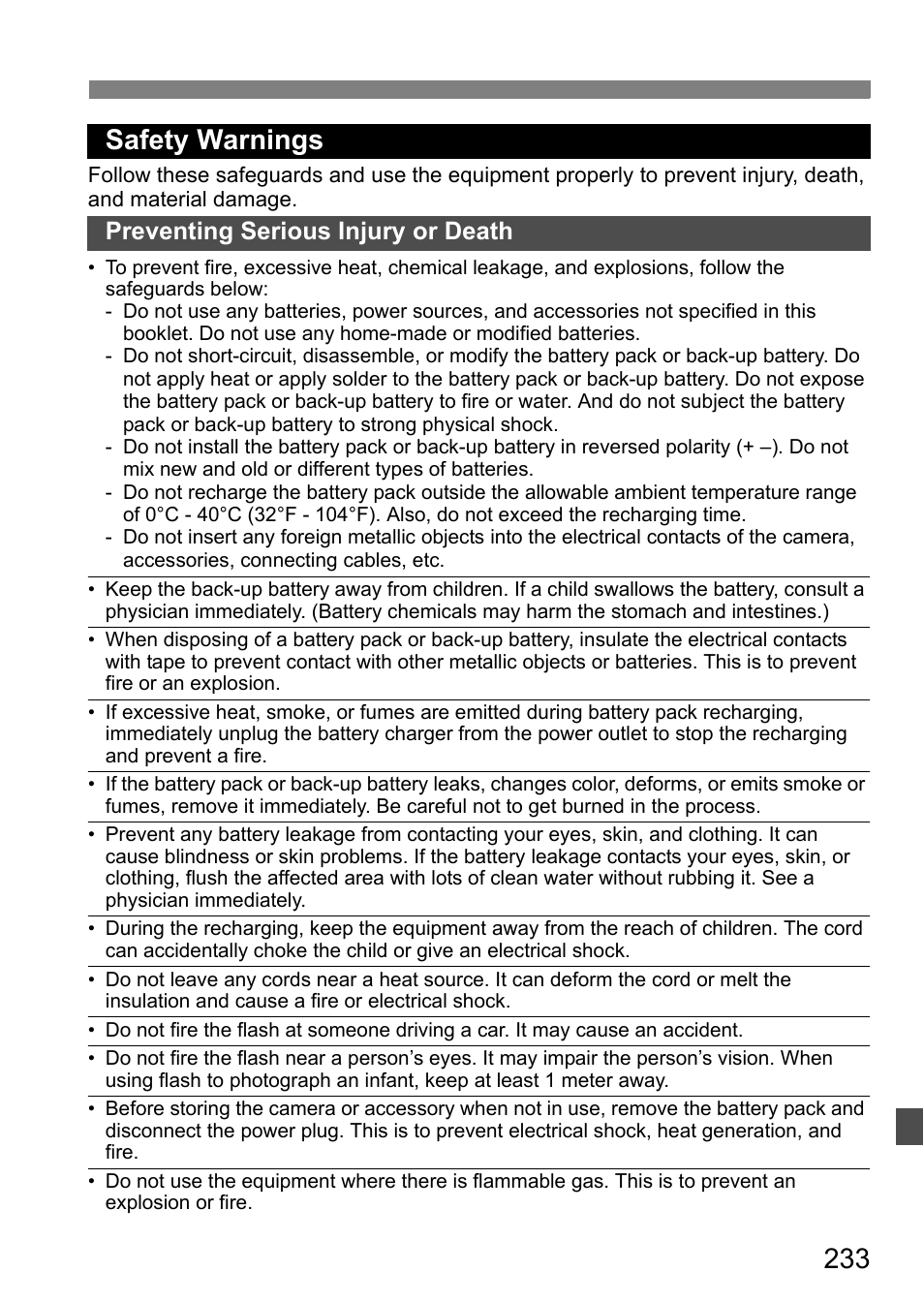 233 safety warnings, Preventing serious injury or death | Canon 550D User Manual | Page 233 / 260