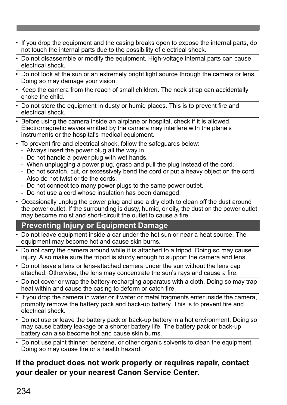 Preventing injury or equipment damage | Canon 550D User Manual | Page 234 / 260