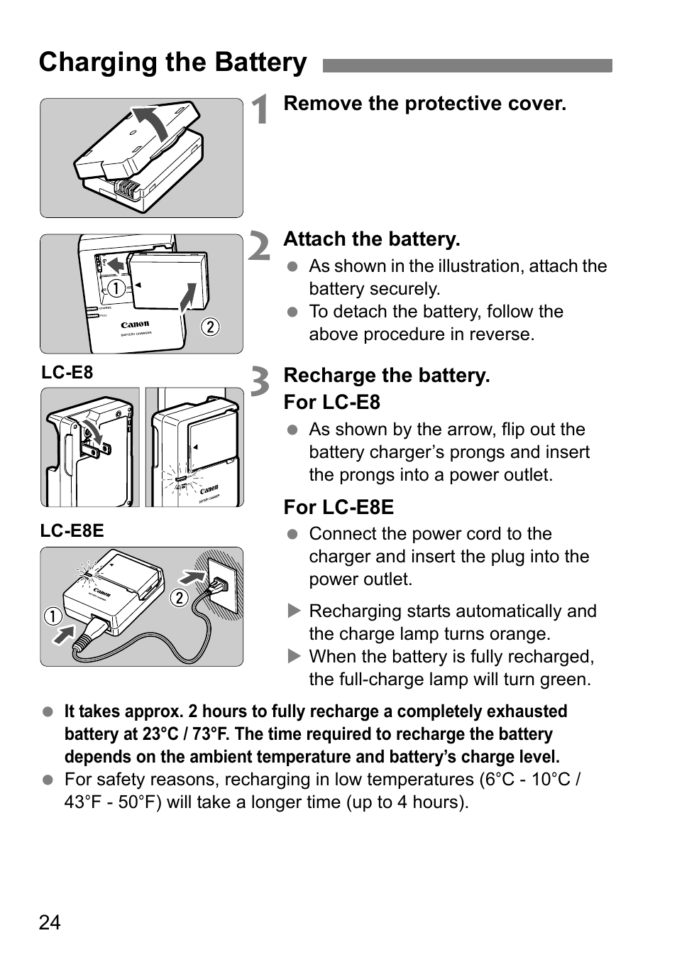 Charging the battery | Canon 550D User Manual | Page 24 / 260