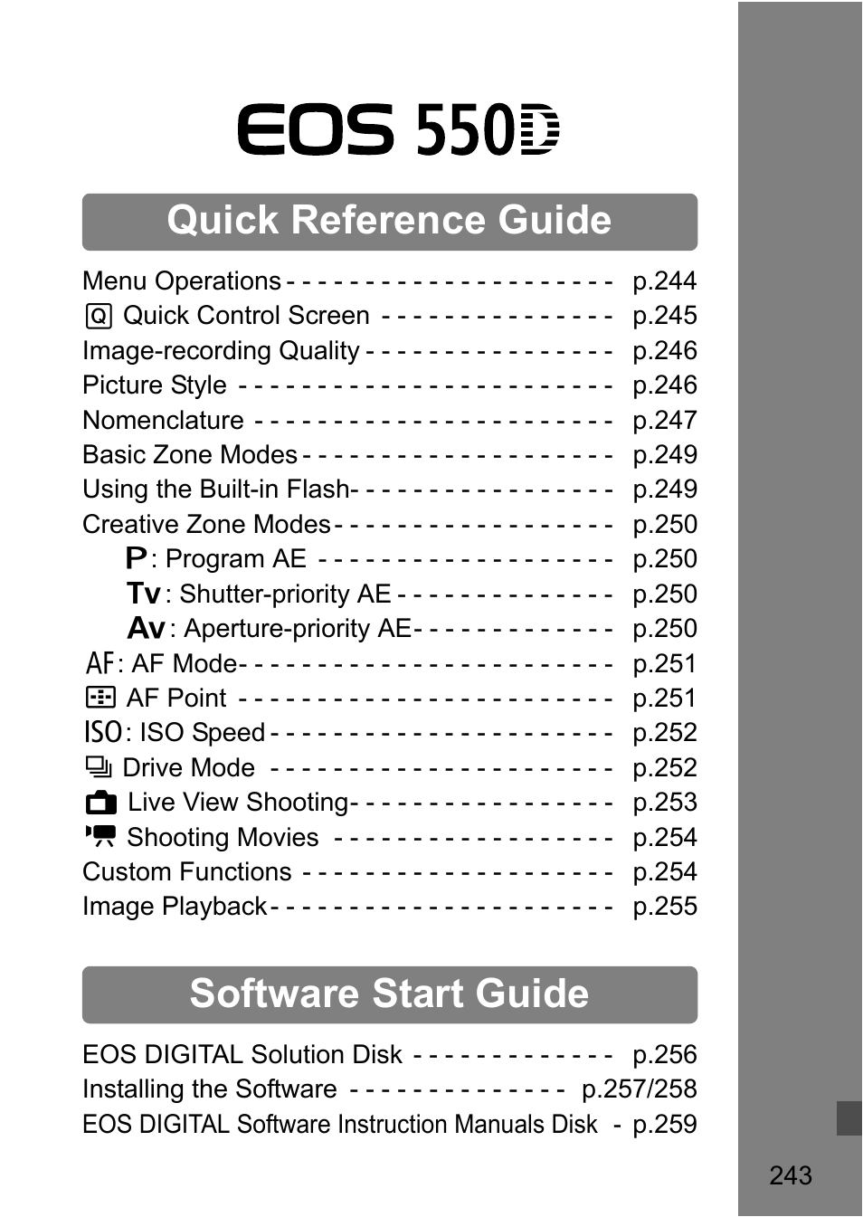 Quick reference guide, Software start guide | Canon 550D User Manual | Page 243 / 260
