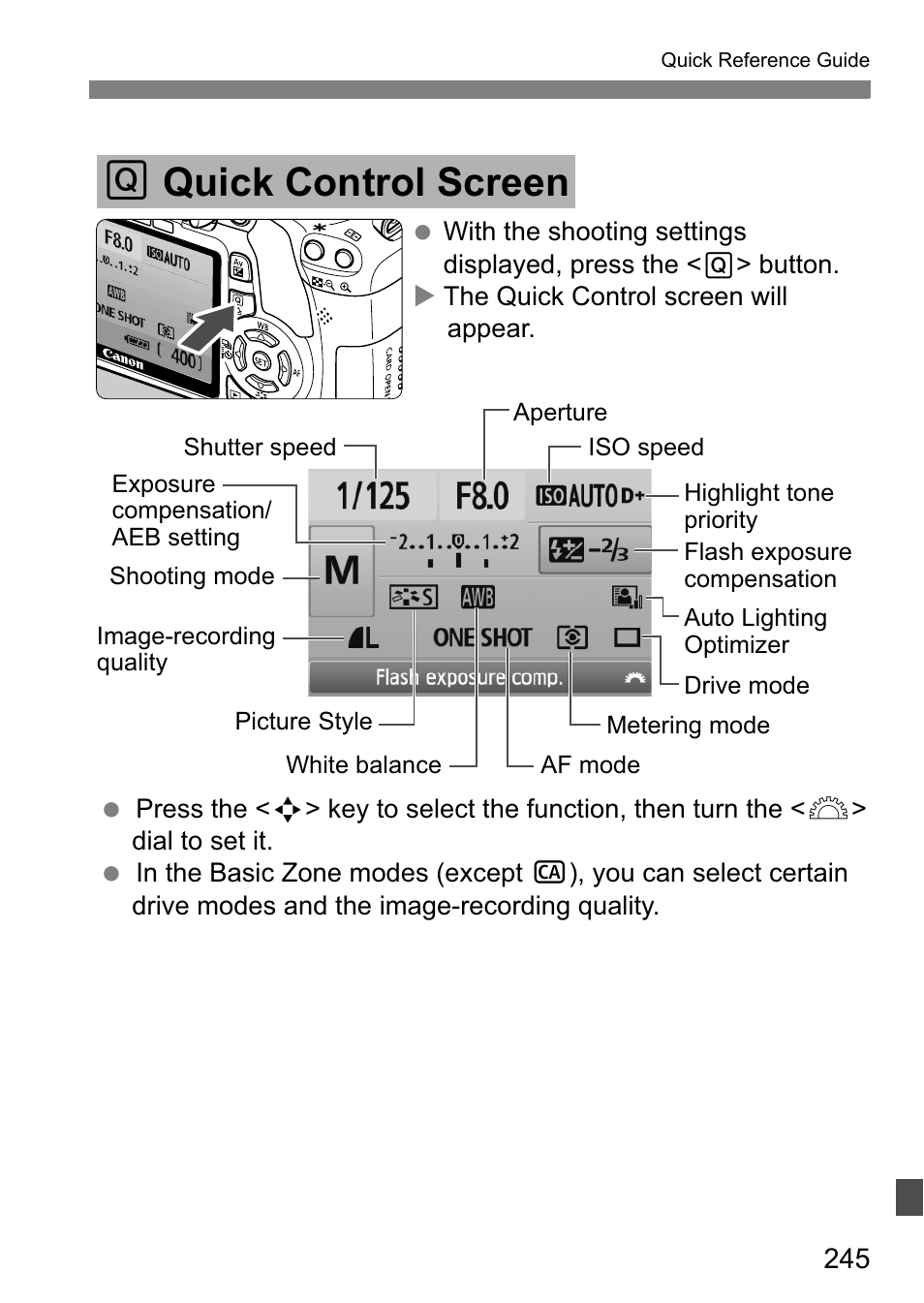 Q quick control screen | Canon 550D User Manual | Page 245 / 260