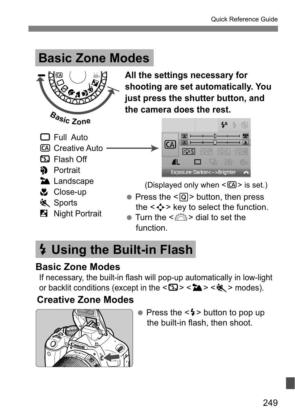 Basic zone modes d using the built-in flash | Canon 550D User Manual | Page 249 / 260