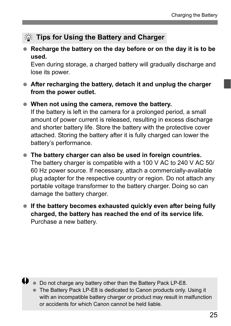 Tips for using the battery and charger | Canon 550D User Manual | Page 25 / 260