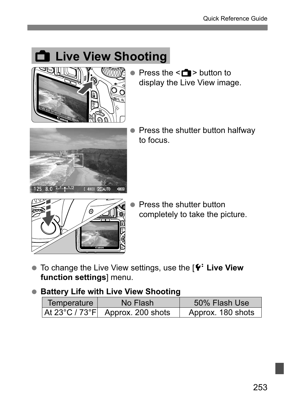 A live view shooting | Canon 550D User Manual | Page 253 / 260