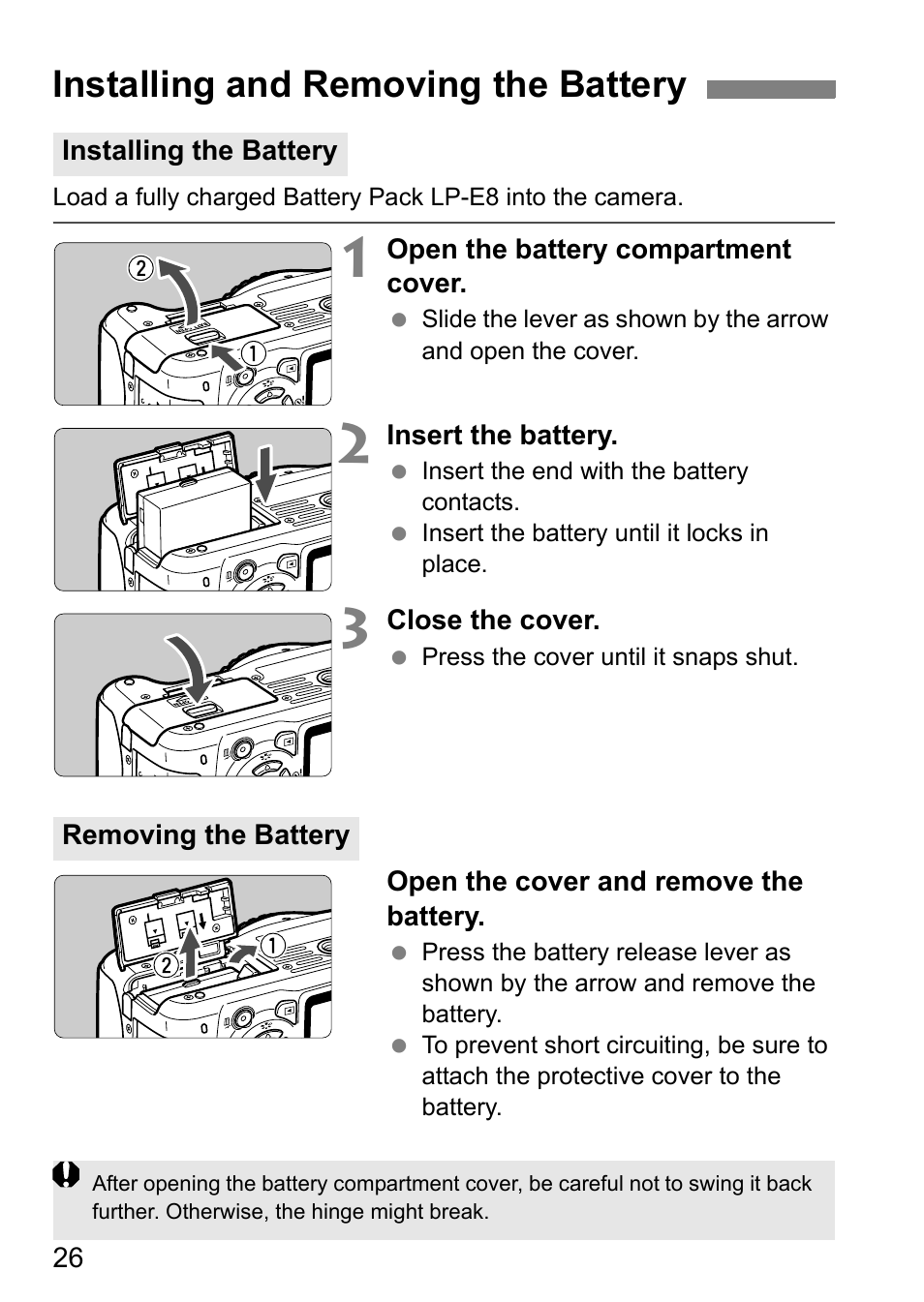 Installing and removing the battery | Canon 550D User Manual | Page 26 / 260