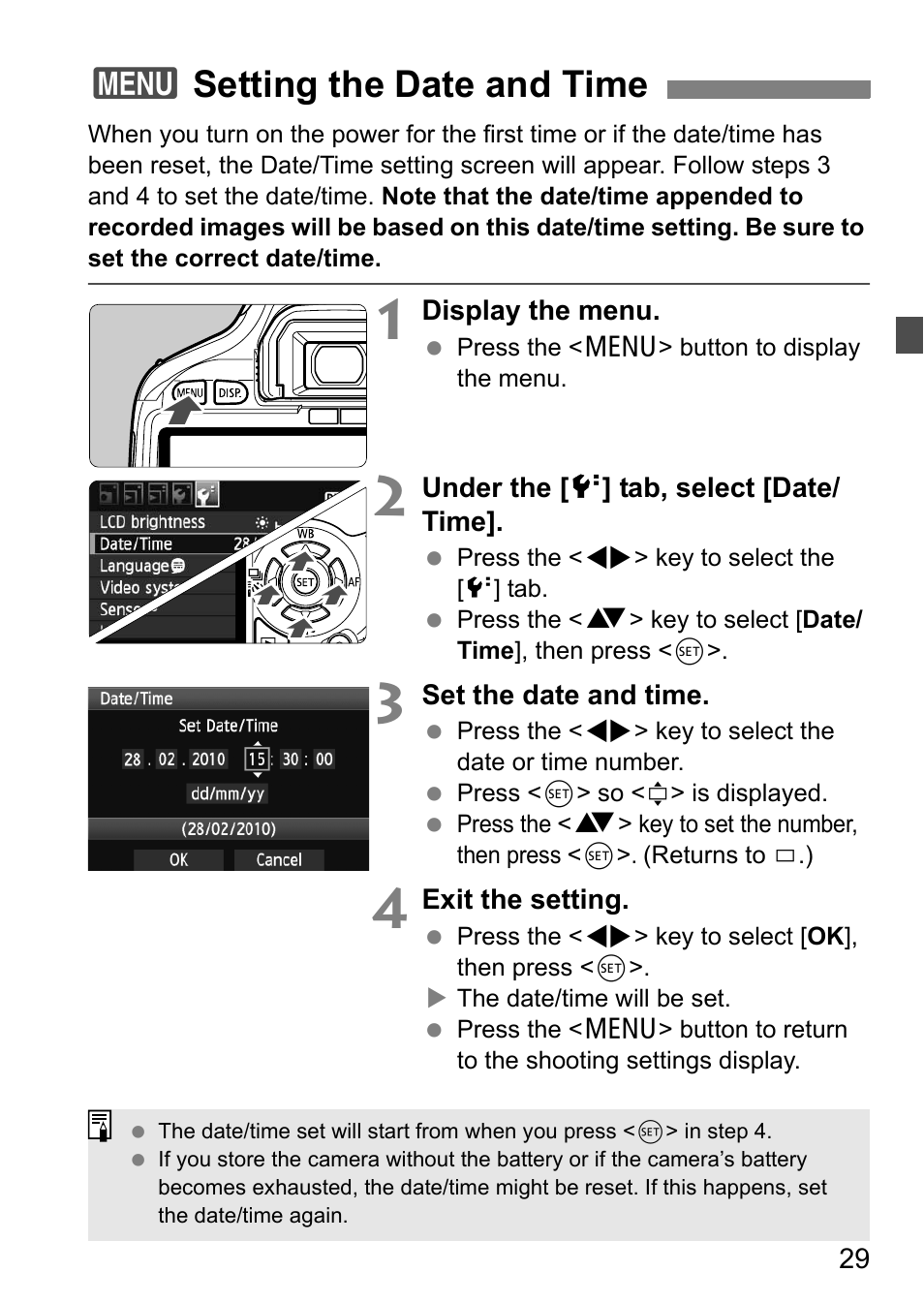 3setting the date and time | Canon 550D User Manual | Page 29 / 260
