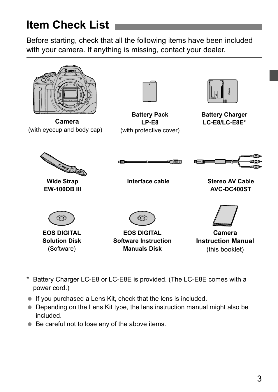 Item check list | Canon 550D User Manual | Page 3 / 260