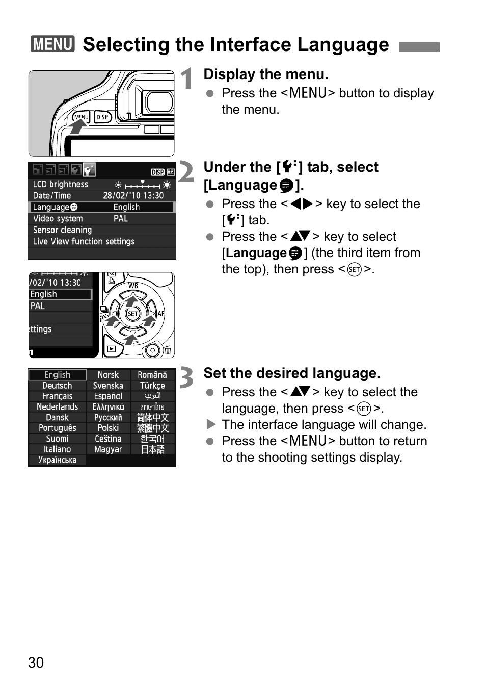 3selecting the interface language | Canon 550D User Manual | Page 30 / 260