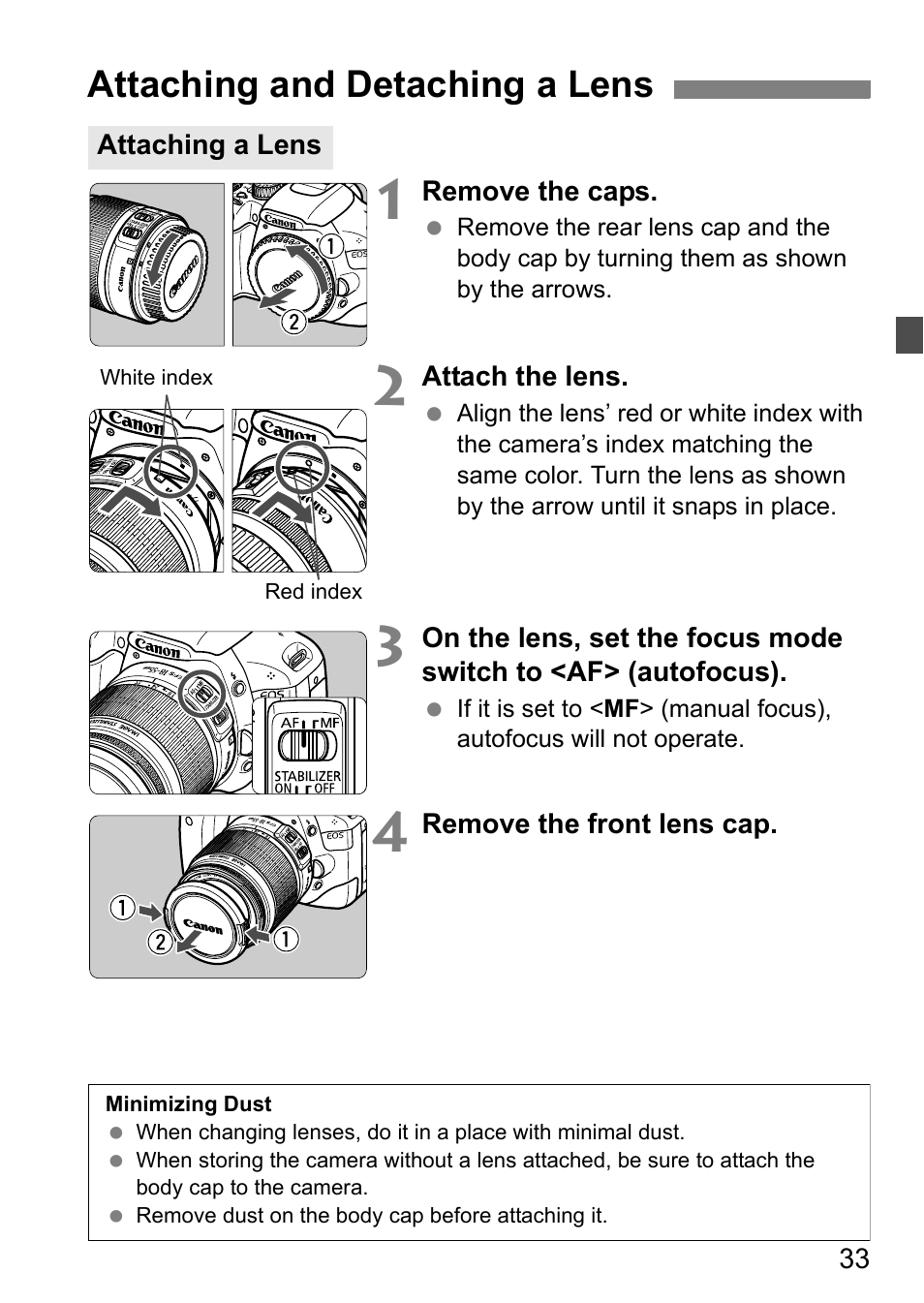 Attaching and detaching a lens | Canon 550D User Manual | Page 33 / 260