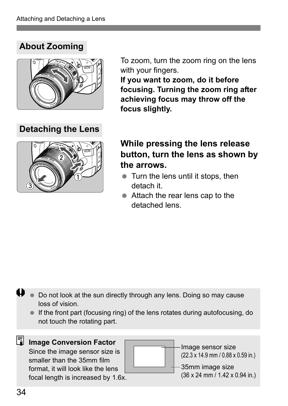 About zooming detaching the lens | Canon 550D User Manual | Page 34 / 260