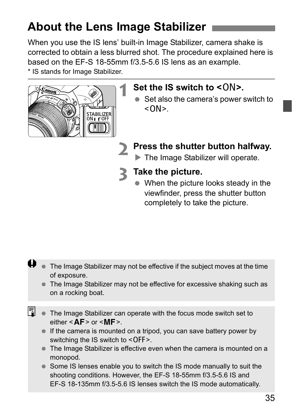 About the lens image stabilizer | Canon 550D User Manual | Page 35 / 260
