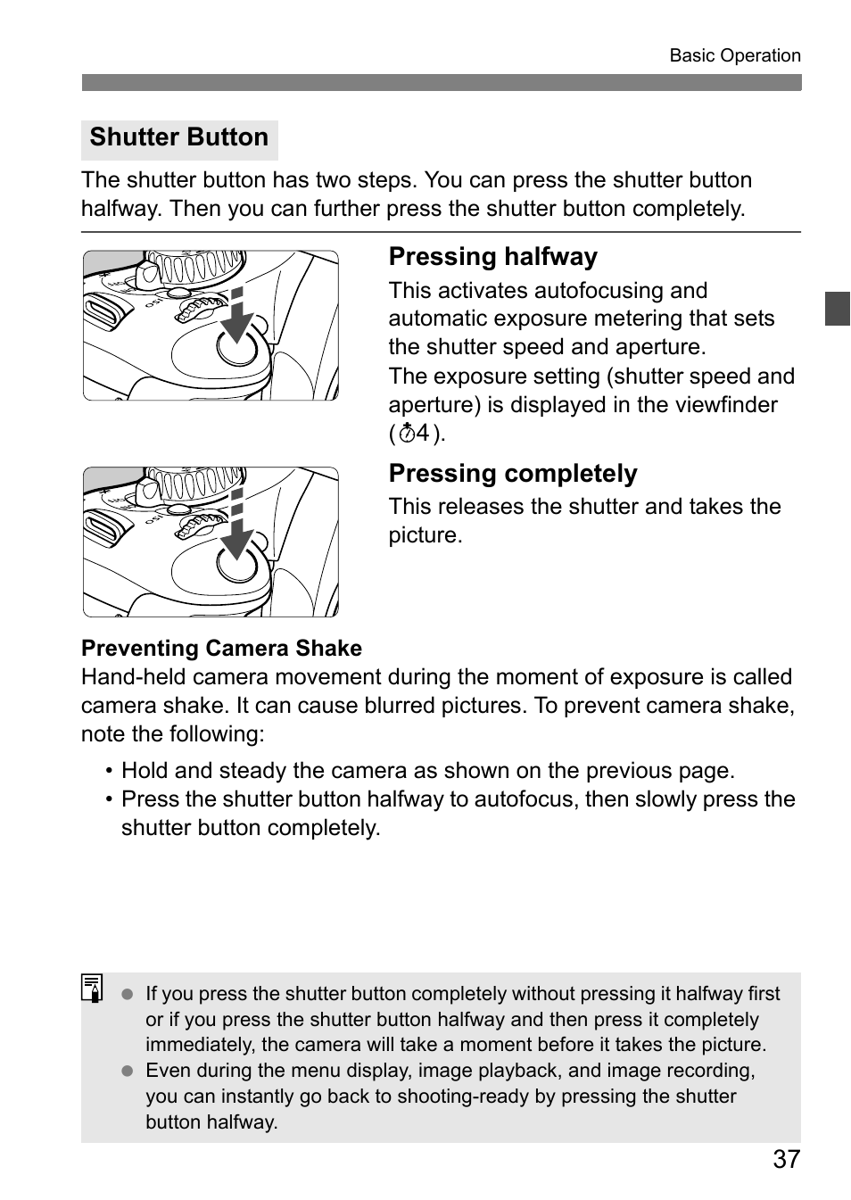 Pressing halfway, Pressing completely, Shutter button | Canon 550D User Manual | Page 37 / 260