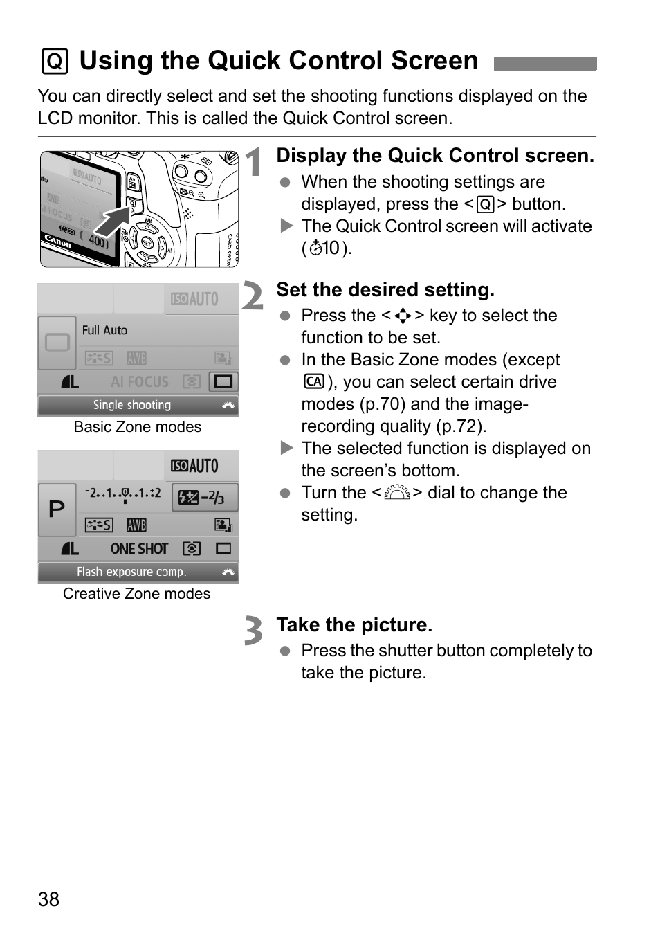 Q using the quick control screen | Canon 550D User Manual | Page 38 / 260