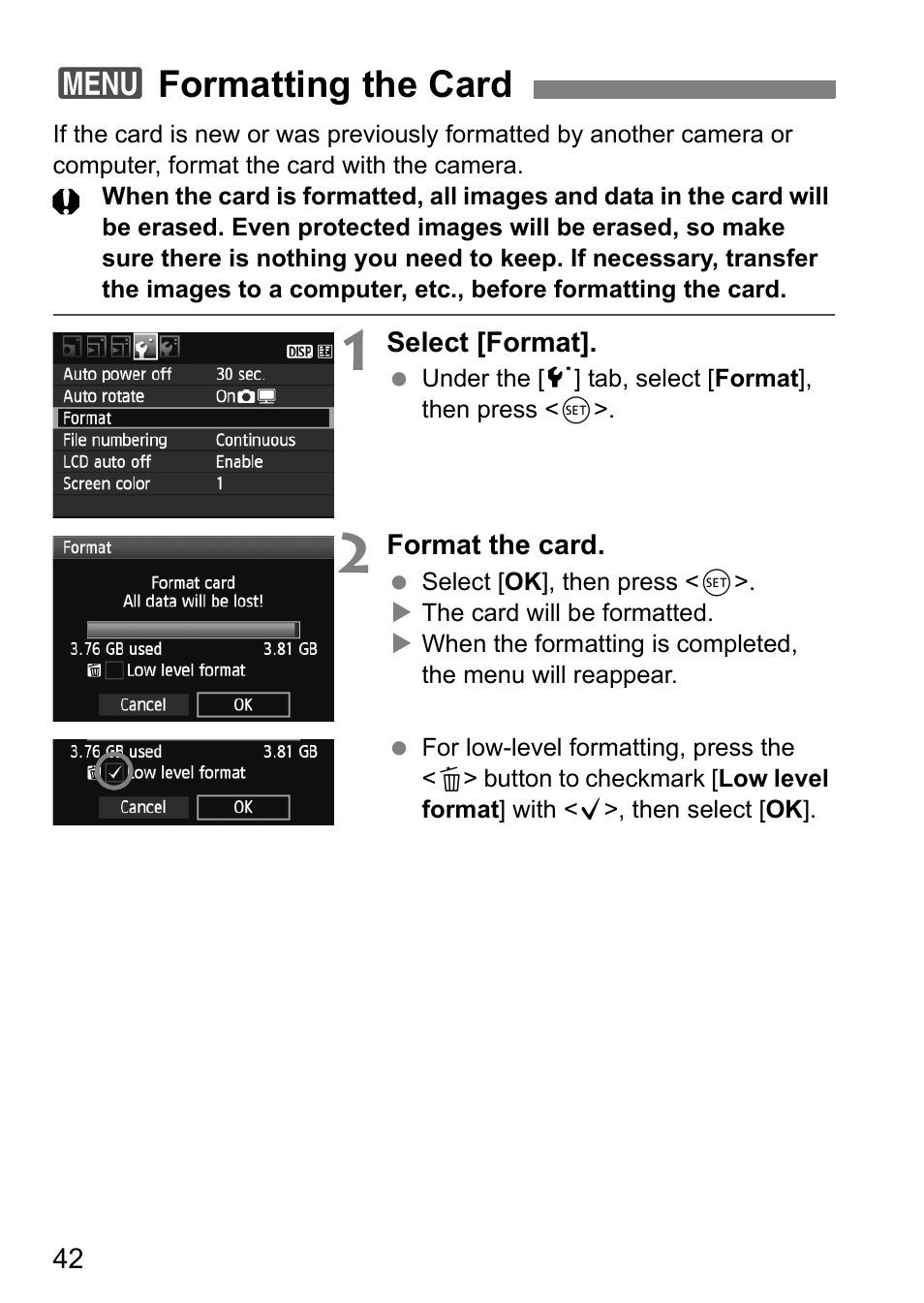 3formatting the card | Canon 550D User Manual | Page 42 / 260