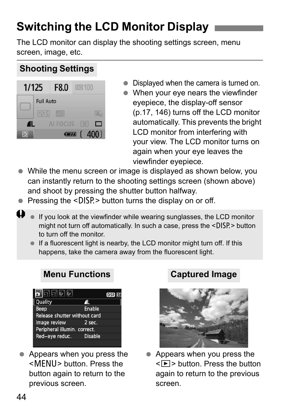 Switching the lcd monitor display | Canon 550D User Manual | Page 44 / 260