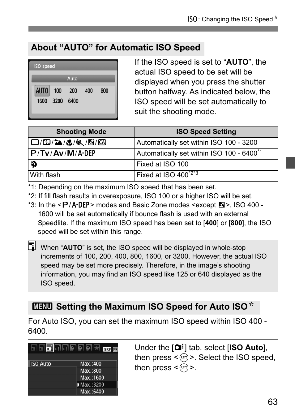 About “auto” for automatic iso speed, 3setting the maximum iso speed for auto iso n | Canon 550D User Manual | Page 63 / 260