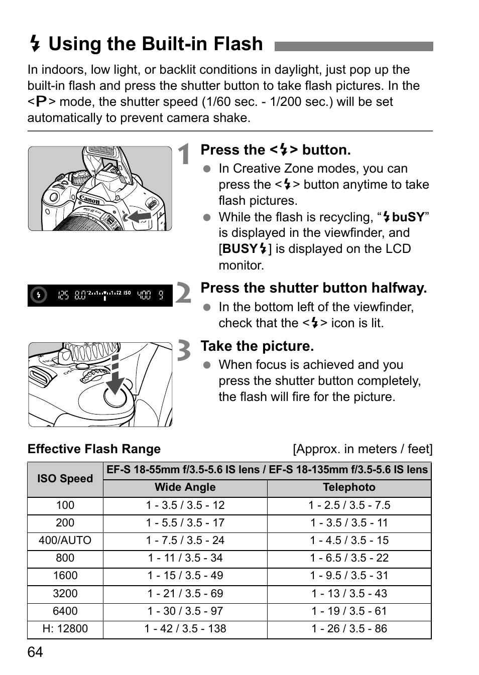 Dusing the built-in flash | Canon 550D User Manual | Page 64 / 260