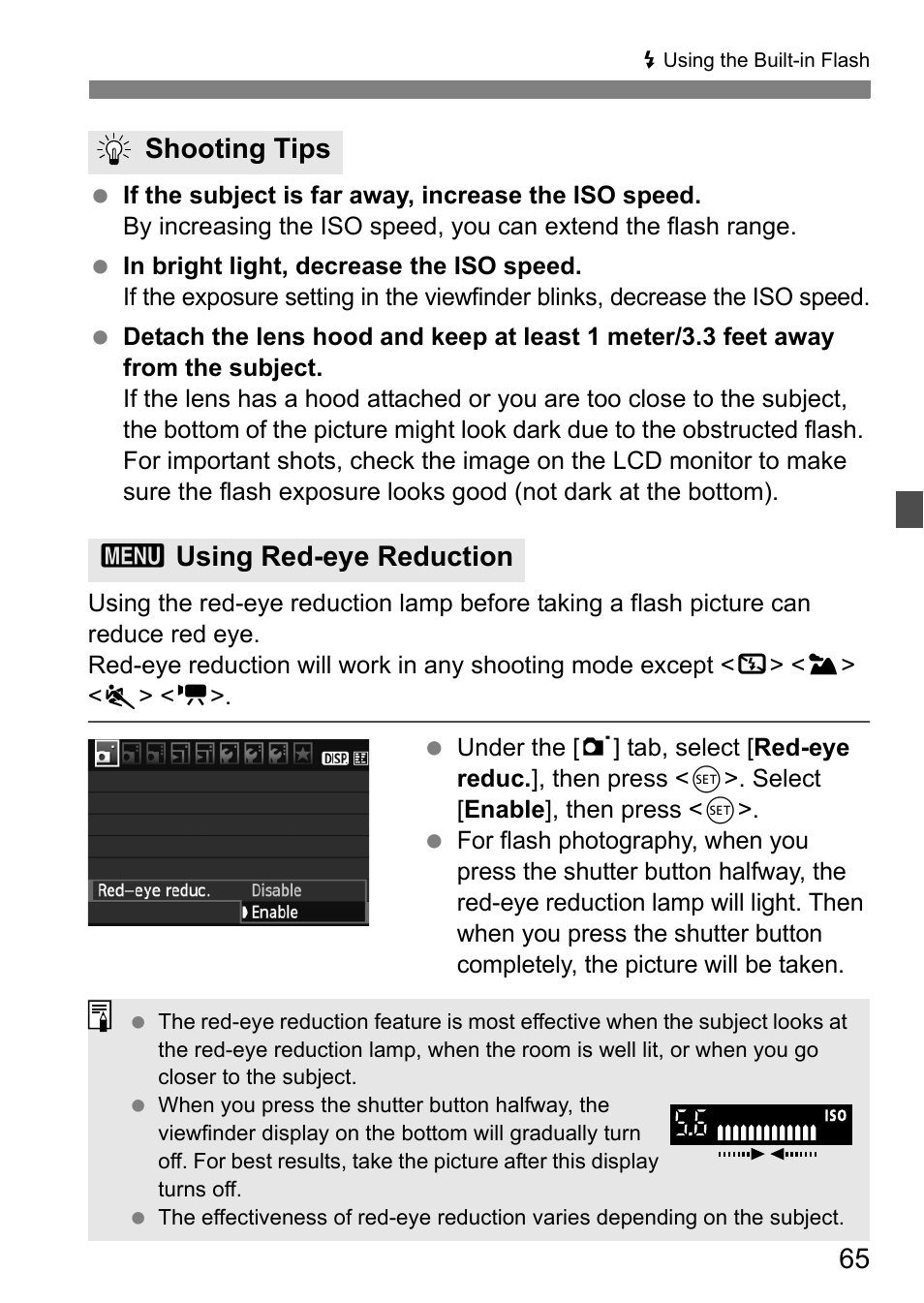 Shooting tips 3 using red-eye reduction | Canon 550D User Manual | Page 65 / 260