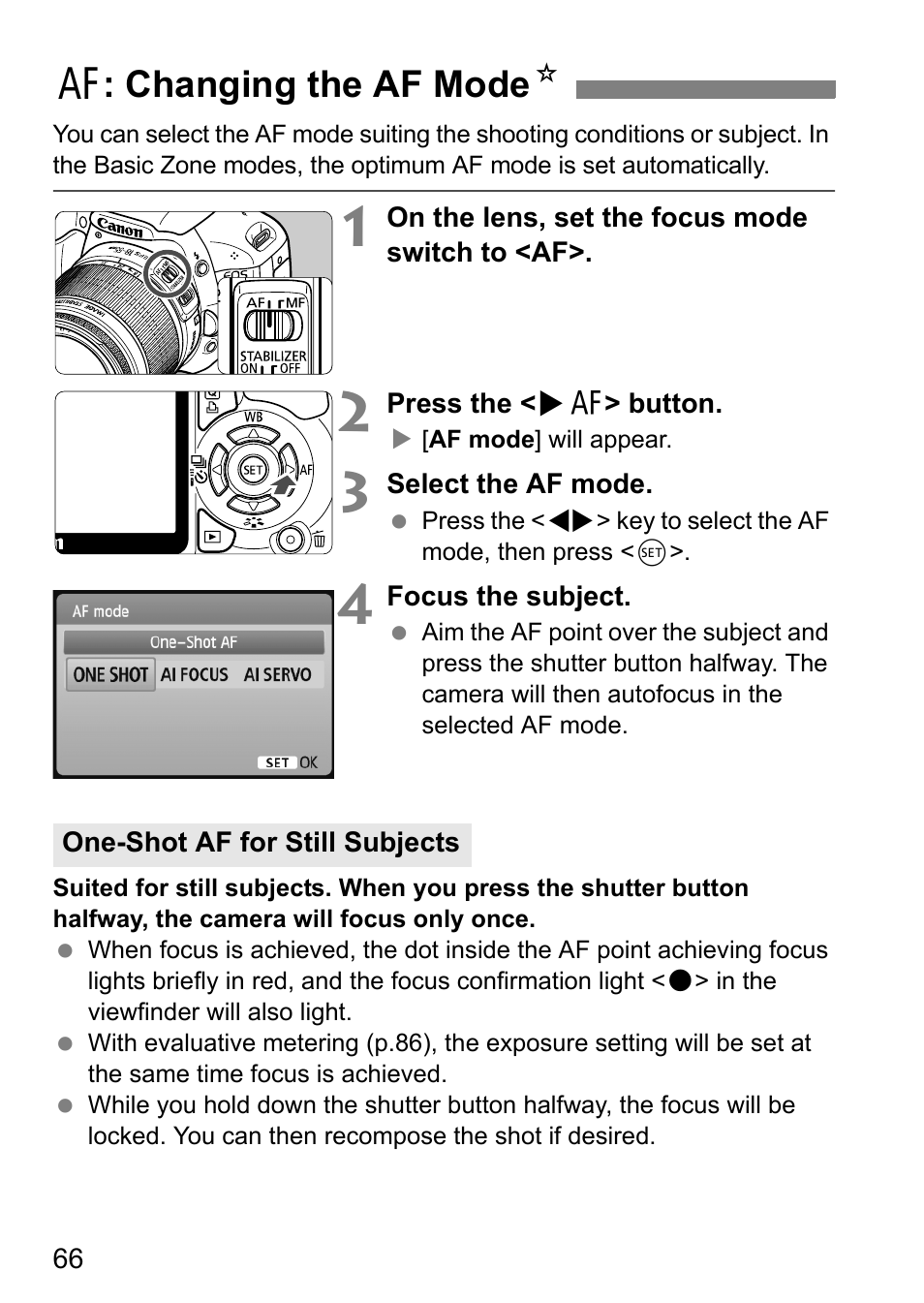 E: changing the af mode n | Canon 550D User Manual | Page 66 / 260
