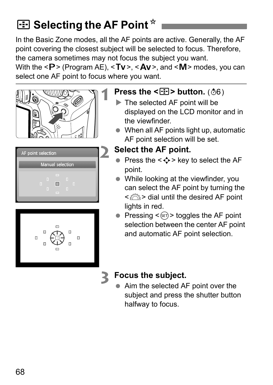 Sselecting the af point n | Canon 550D User Manual | Page 68 / 260