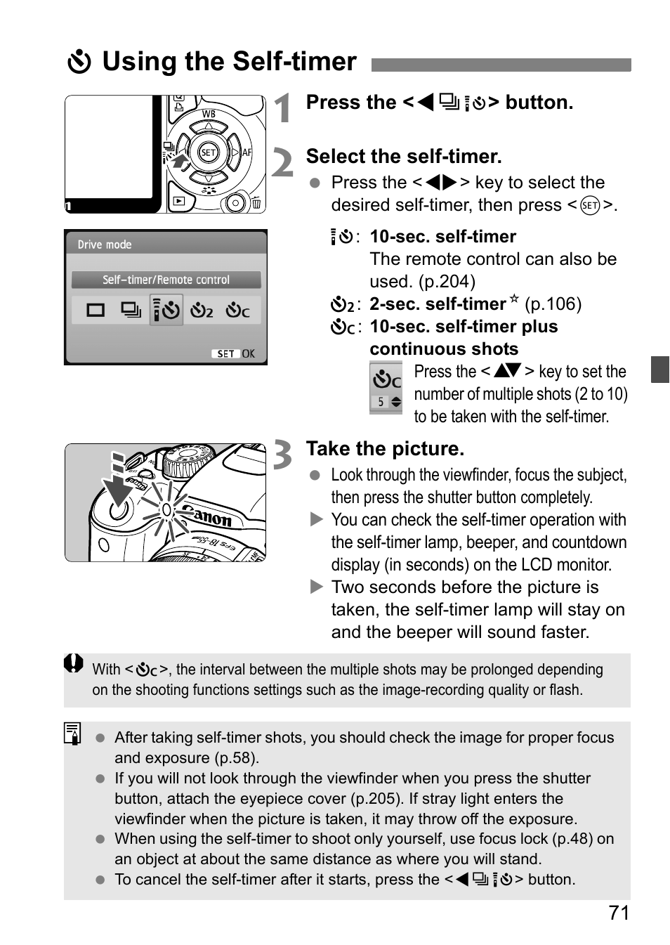 Jusing the self-timer | Canon 550D User Manual | Page 71 / 260