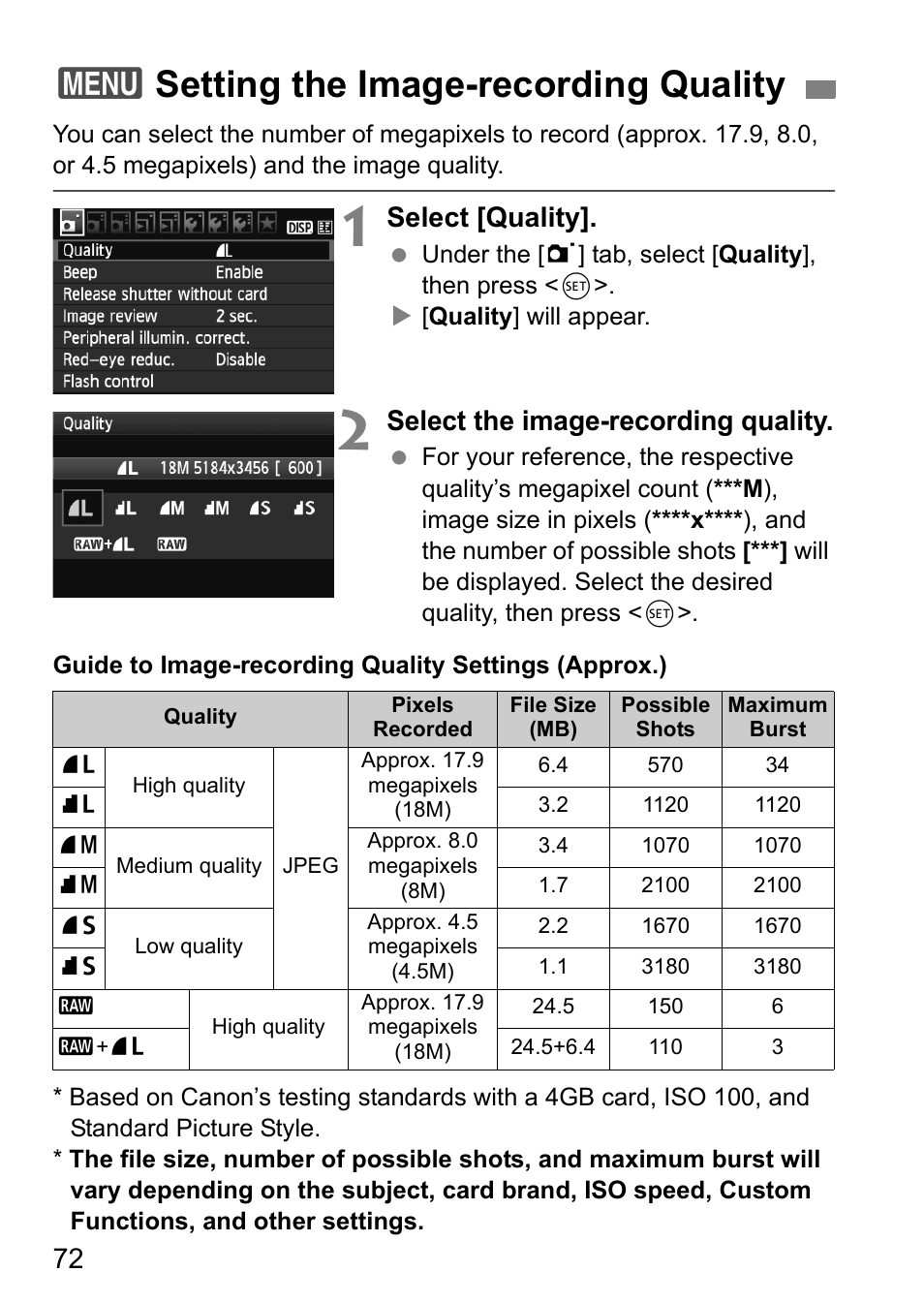 3setting the image-recording quality, Select [quality, Select the image-recording quality | Canon 550D User Manual | Page 72 / 260