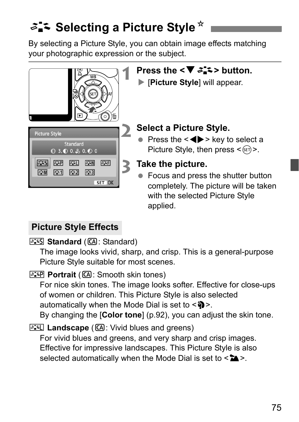 Aselecting a picture style n | Canon 550D User Manual | Page 75 / 260