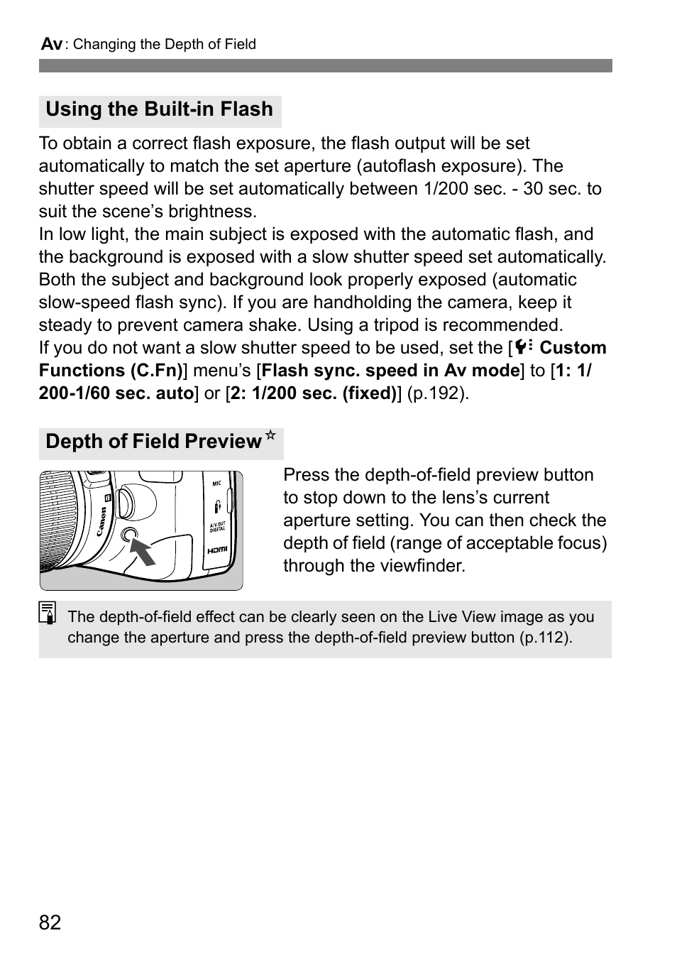 Using the built-in flash depth of field preview n | Canon 550D User Manual | Page 82 / 260
