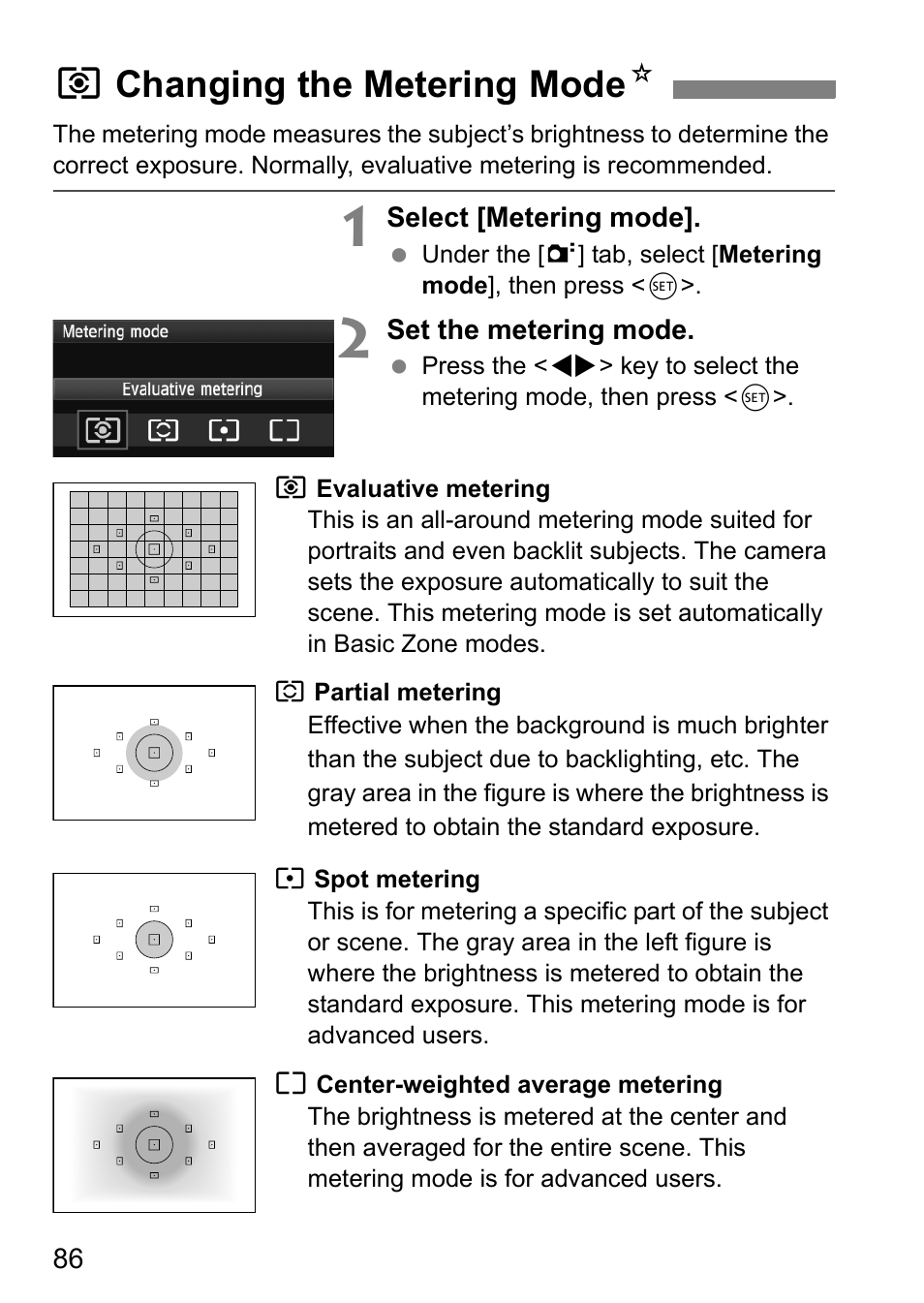 Qchanging the metering mode n | Canon 550D User Manual | Page 86 / 260