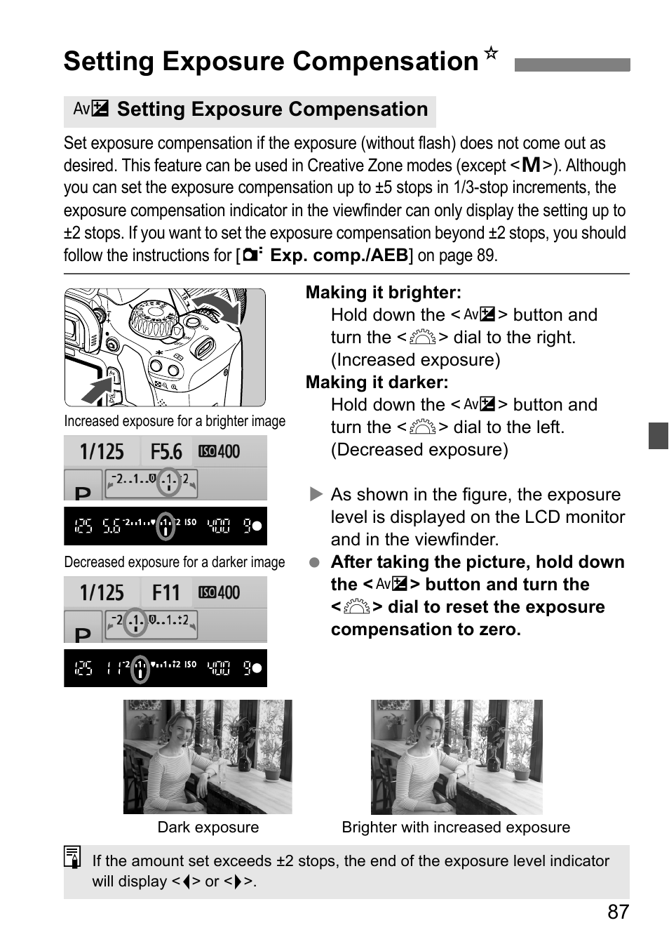 Setting exposure compensation n | Canon 550D User Manual | Page 87 / 260