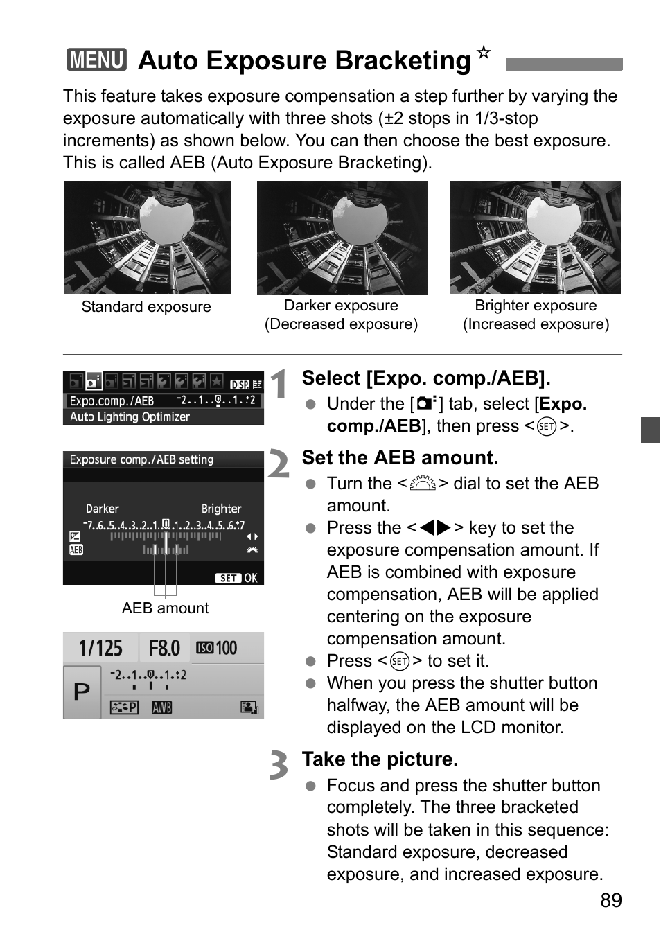 3auto exposure bracketing n | Canon 550D User Manual | Page 89 / 260