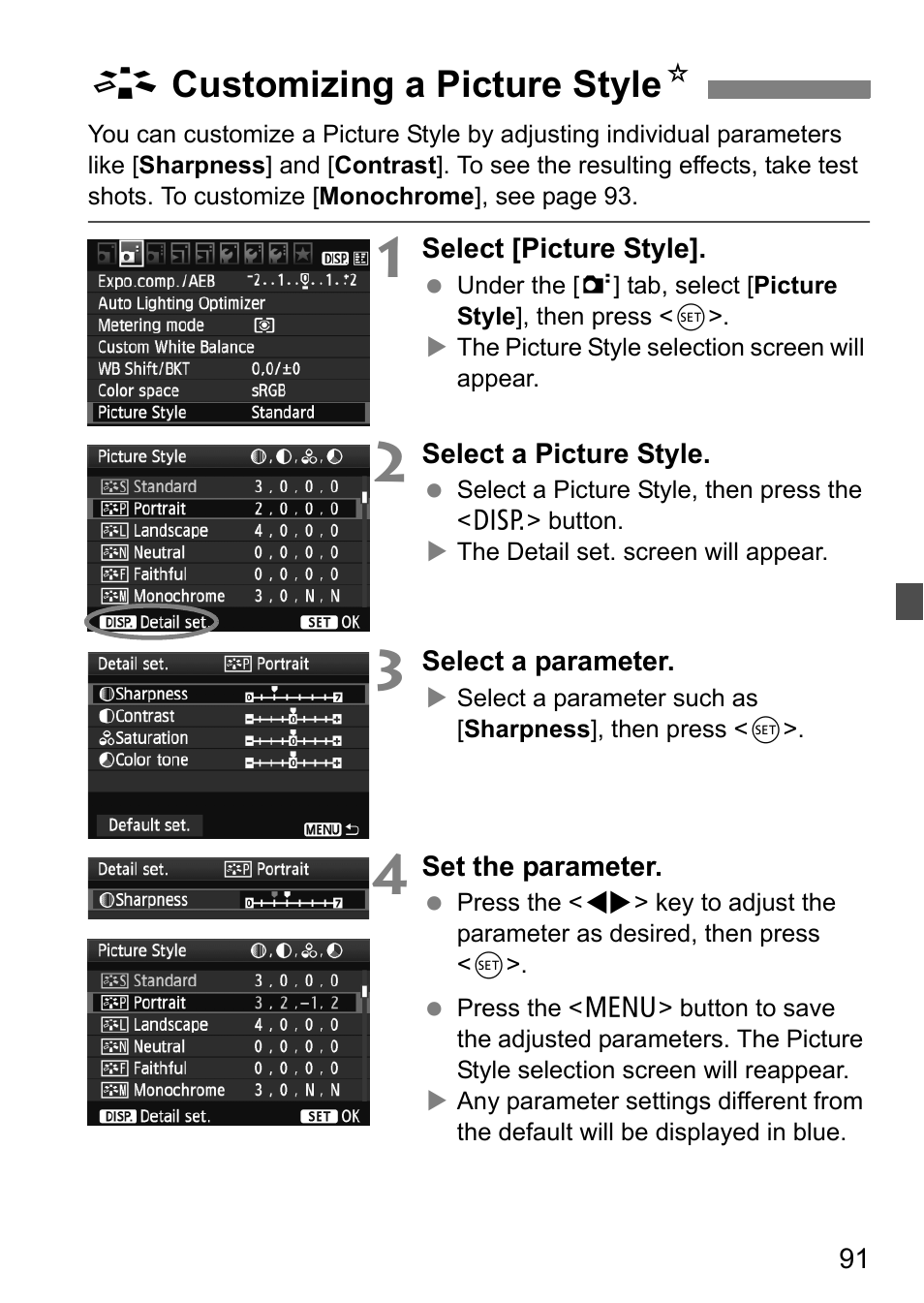 Acustomizing a picture style n | Canon 550D User Manual | Page 91 / 260