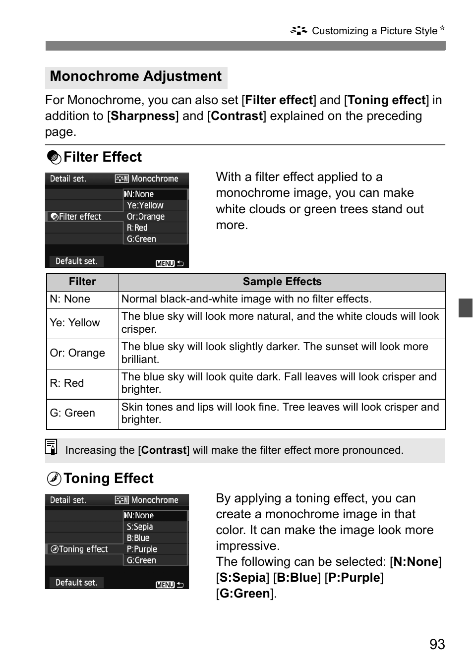 Kfilter effect, Ltoning effect, Monochrome adjustment | Canon 550D User Manual | Page 93 / 260