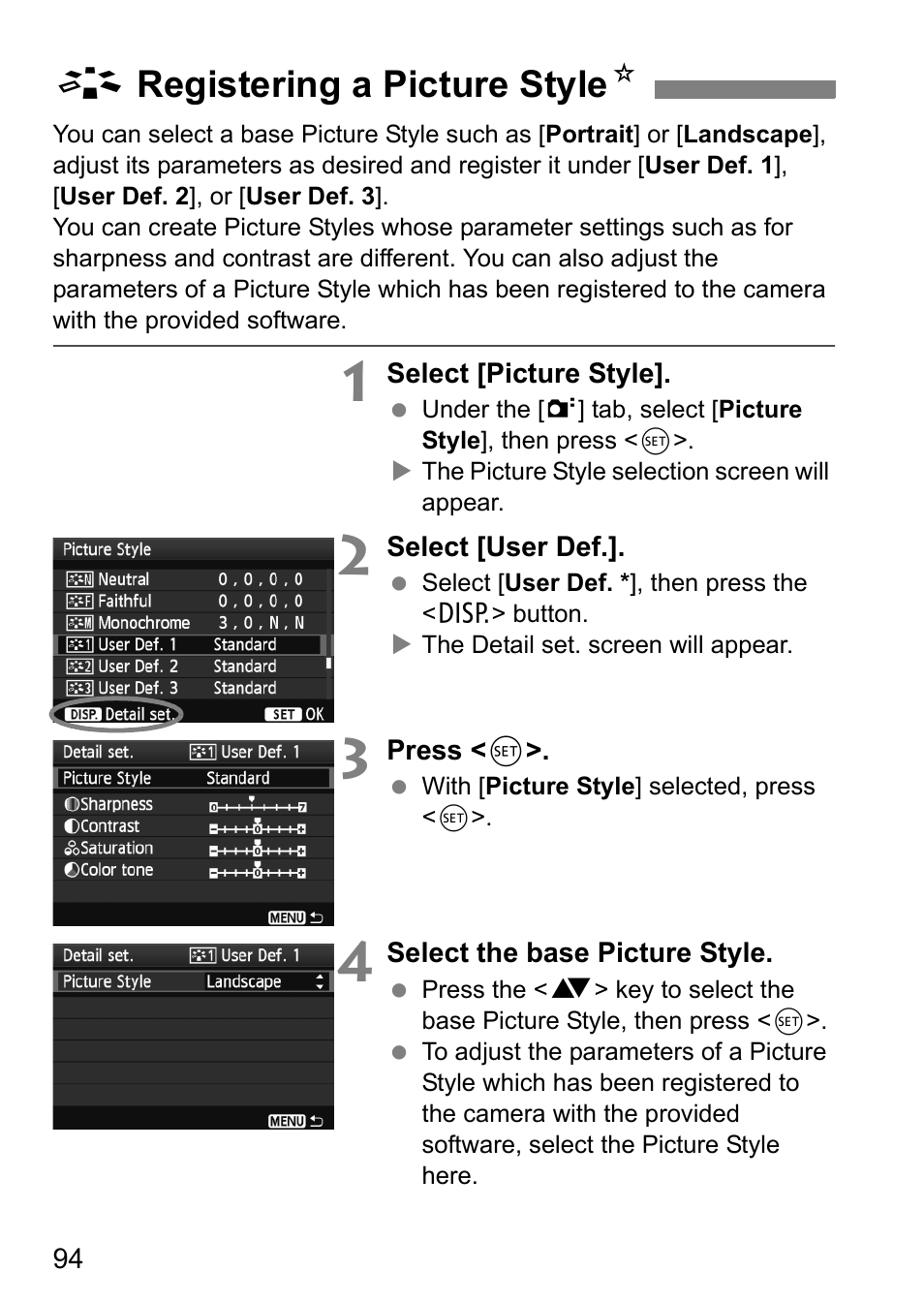 Aregistering a picture style n | Canon 550D User Manual | Page 94 / 260