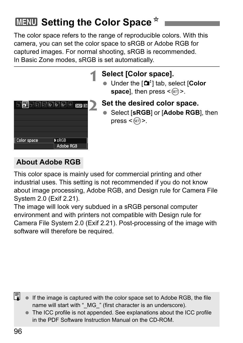 3setting the color space n | Canon 550D User Manual | Page 96 / 260