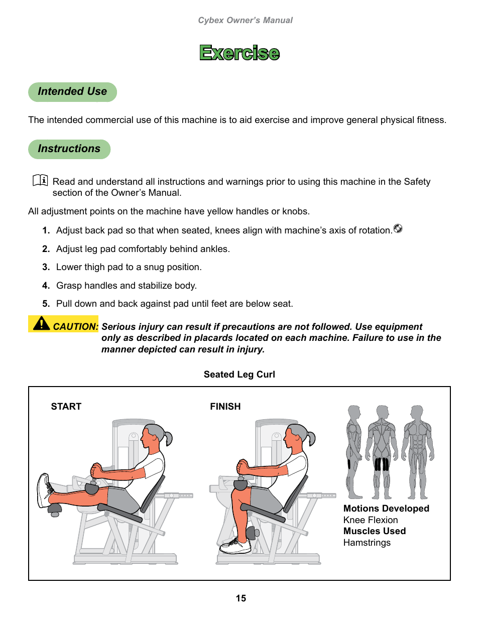 Exercise, Intended use, Instructions | Cybex 13060-999 VR1 Seated Leg Curl User Manual | Page 15 / 28