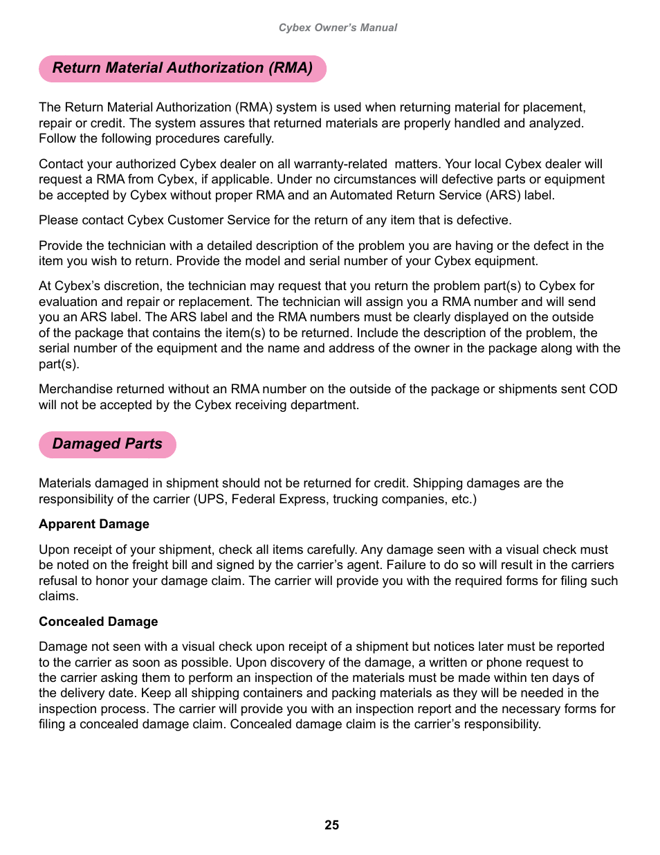 Return material authorization (rma), Damaged parts | Cybex 13060-999 VR1 Seated Leg Curl User Manual | Page 25 / 28