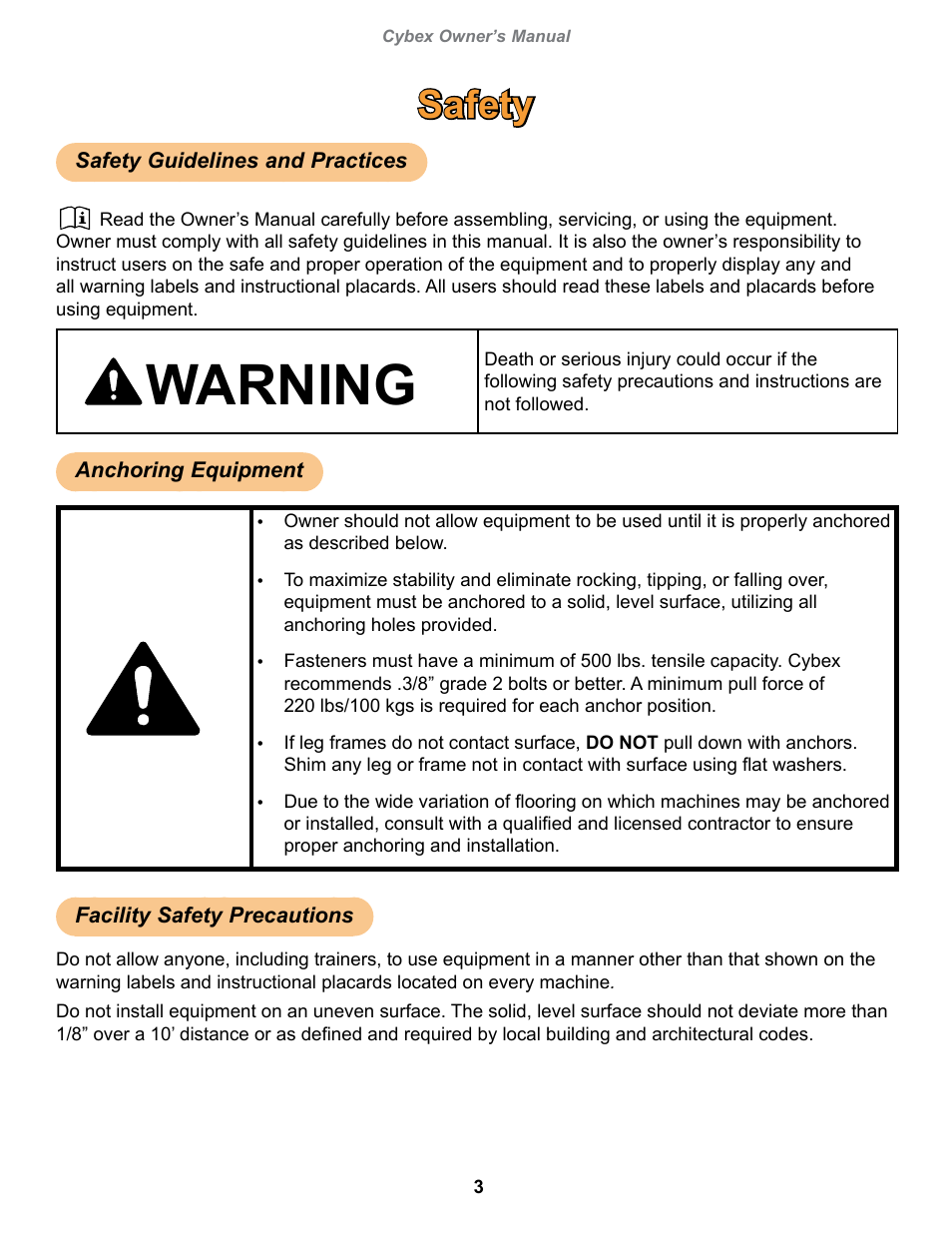 Safety, Safety guidelines and practices, Anchoring equipment | Facility safety precautions, Warning | Cybex 13060-999 VR1 Seated Leg Curl User Manual | Page 3 / 28